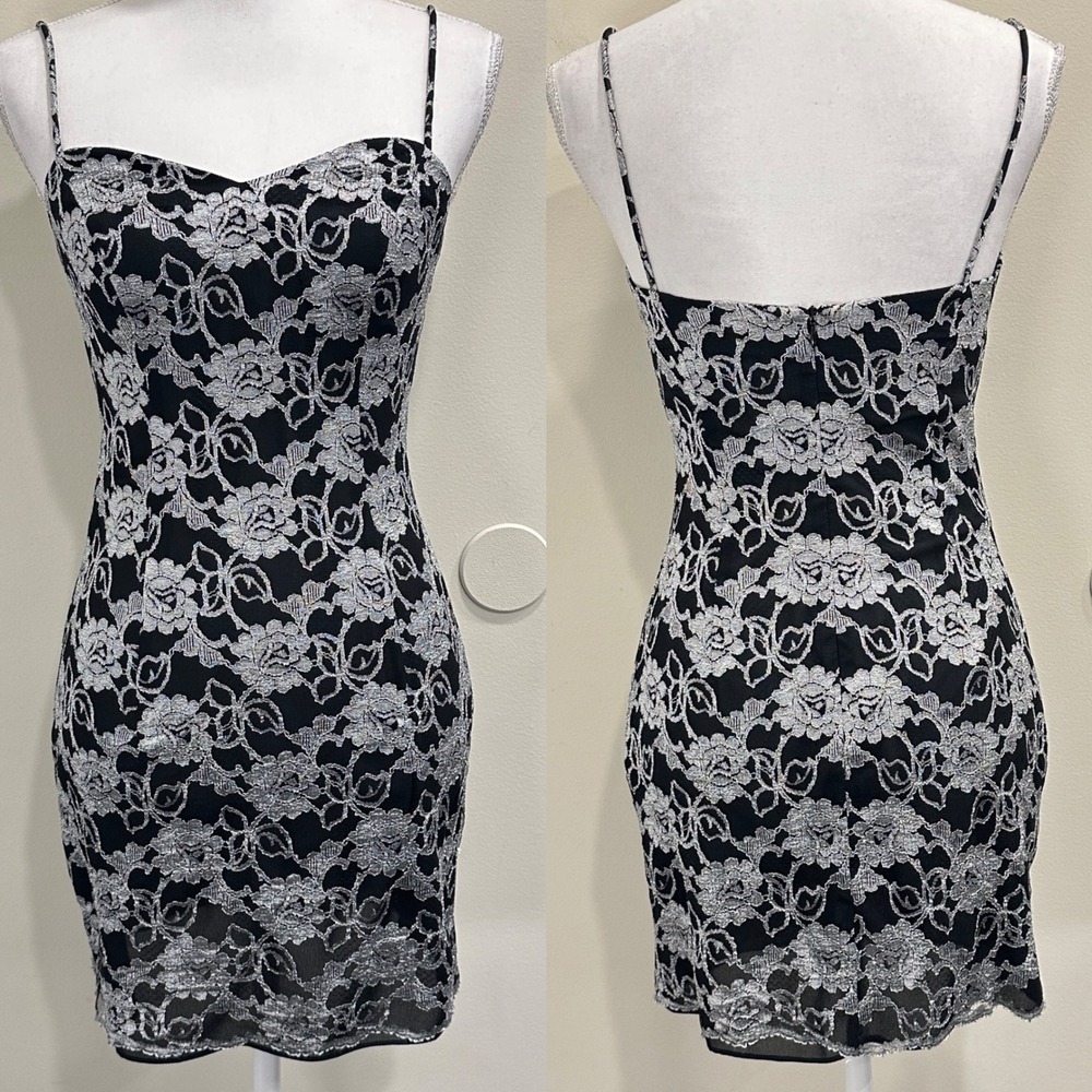 VTG 90s‎ ABS Evening Collection Silver Floral Lace Metallic Mini Dress Black 4